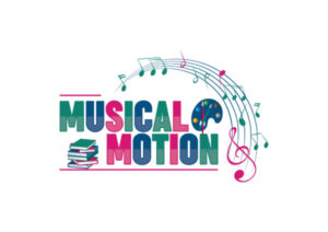 Musical Motion program logo with graphics od books, music notes, and a paint palette